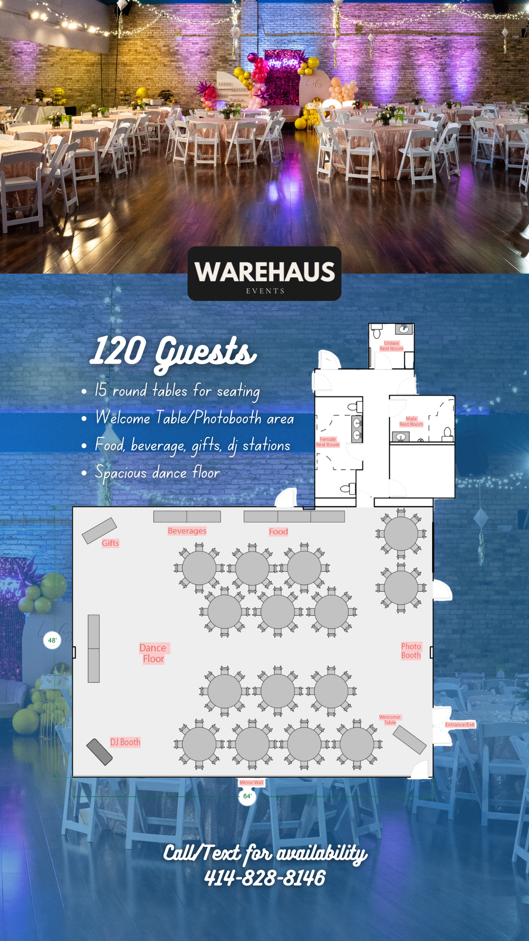 Warehaus Events Milwaukee event space configured for 120 guests with round banquet tables, dramatic brick walls, string lights, spacious dance floor, and floor plan showing seating, DJ booth, welcome table, photo booth, and catering areas.