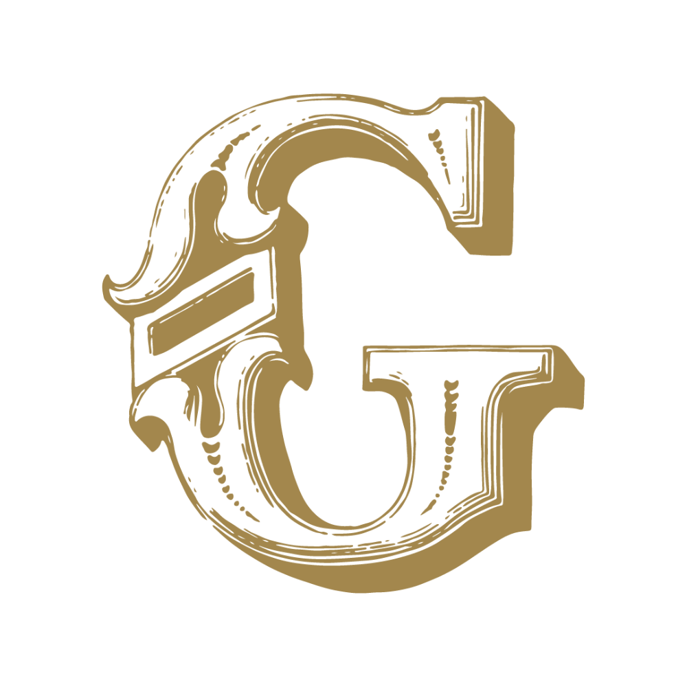 A stylized letter G designed with a vintage or ornate style in gold color on a black background.