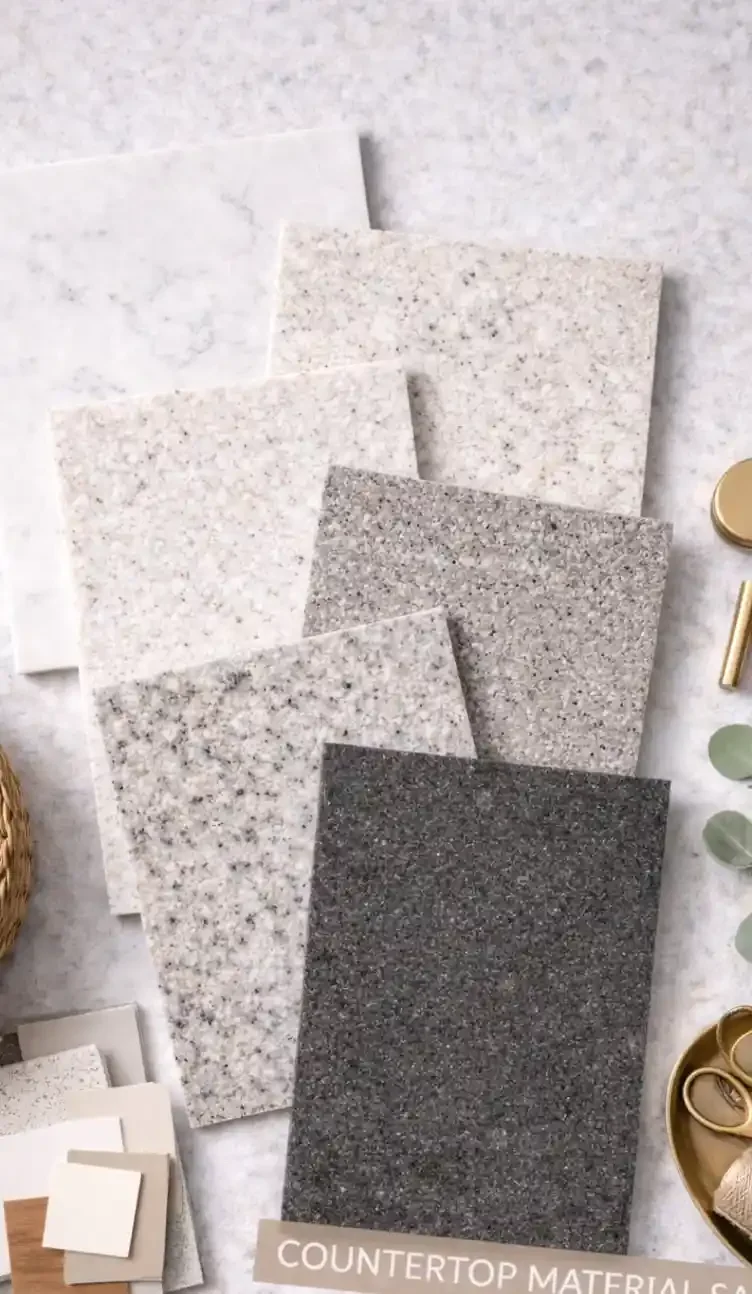 Samples of countertop material options in various shades of white, gray, and black with speckled patterns.