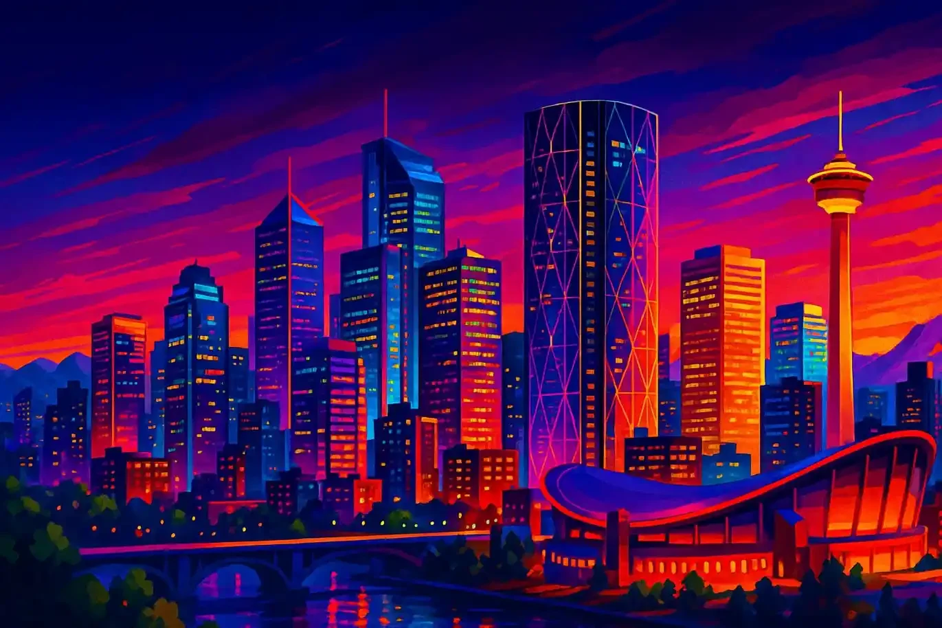Vibrant Calgary skyline digital art; purple and orange synthwave sunset glows over the Bow Building, Calgary Tower, and neon-lit Saddledome.