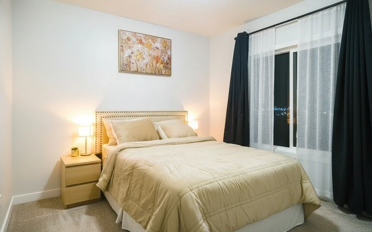 Cozy bedroom with beige quilted bedding, nailhead headboard, wood nightstand, abstract floral art, and navy blackout curtains over sheer white panels.
