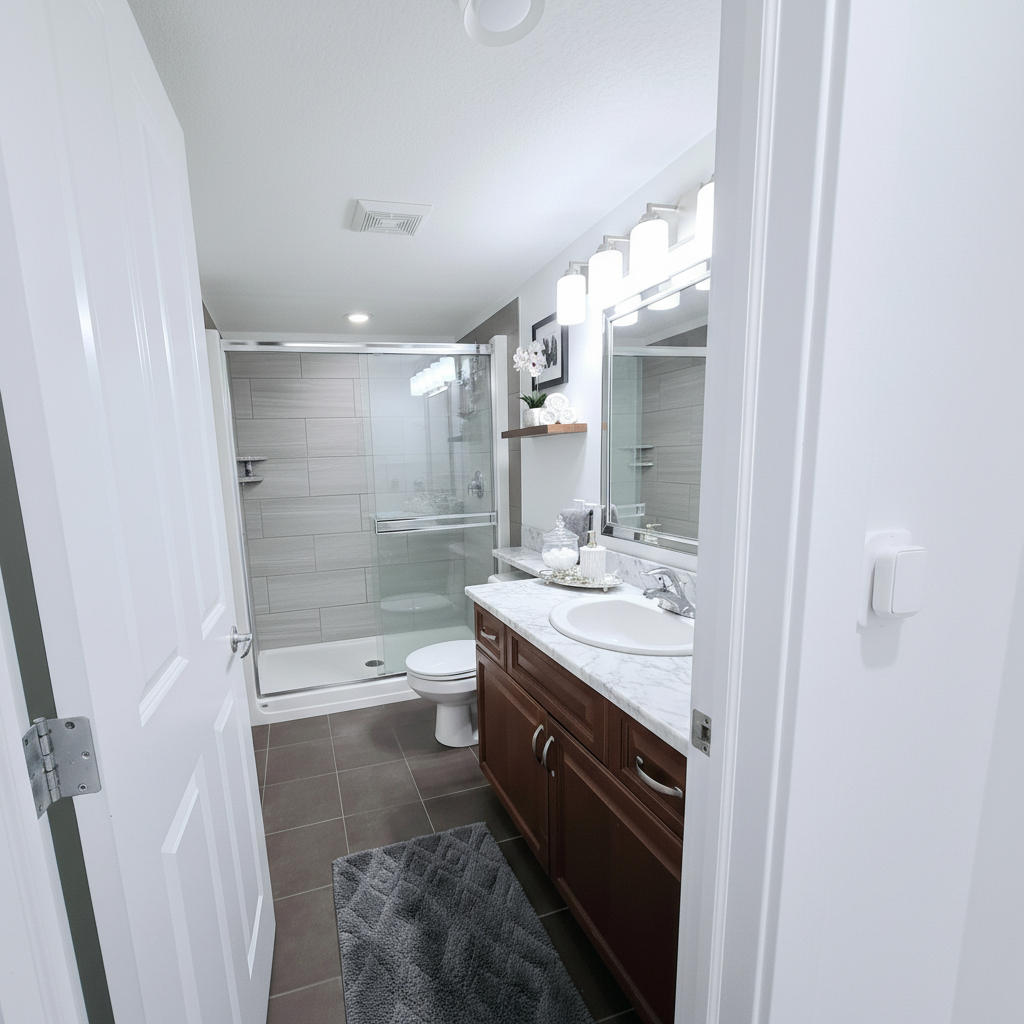 bathroom with dark wood vanity, white marble countertop, walk-in glass shower with grey tiles, white toilet, and textured grey bath mat.