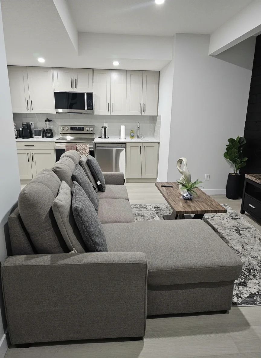 Gray fabric sectional in a bright open-concept living room and kitchen with beige cabinets, stainless steel appliances, and a wood coffee table.