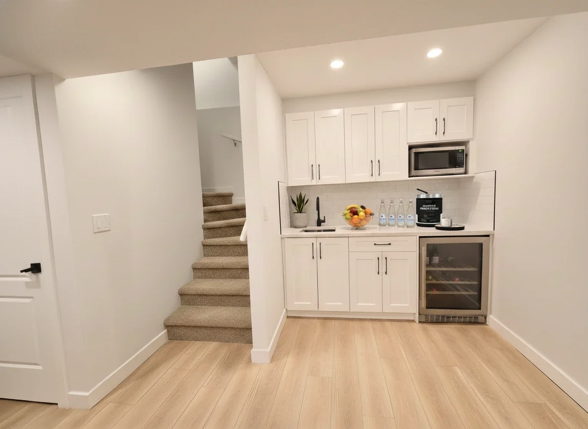 Modern white basement kitchenette featuring shaker cabinets, light wood floors, and a built-in beverage fridge next to carpeted stairs.