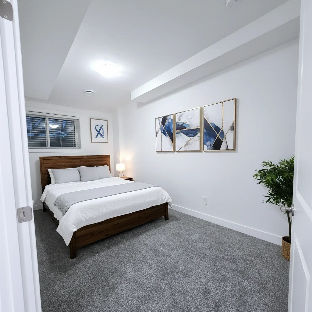 Modern bedroom with dark wood bed frame, white bedding, grey carpet, and blue abstract wall art. Minimalist interior design ideas.