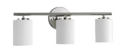 Modern industrial 3-light bathroom vanity light in a chrome finish with frosted glass shades. Clean, timeless wall-mounted lighting for bathrooms, powder rooms, and hallway vanities.