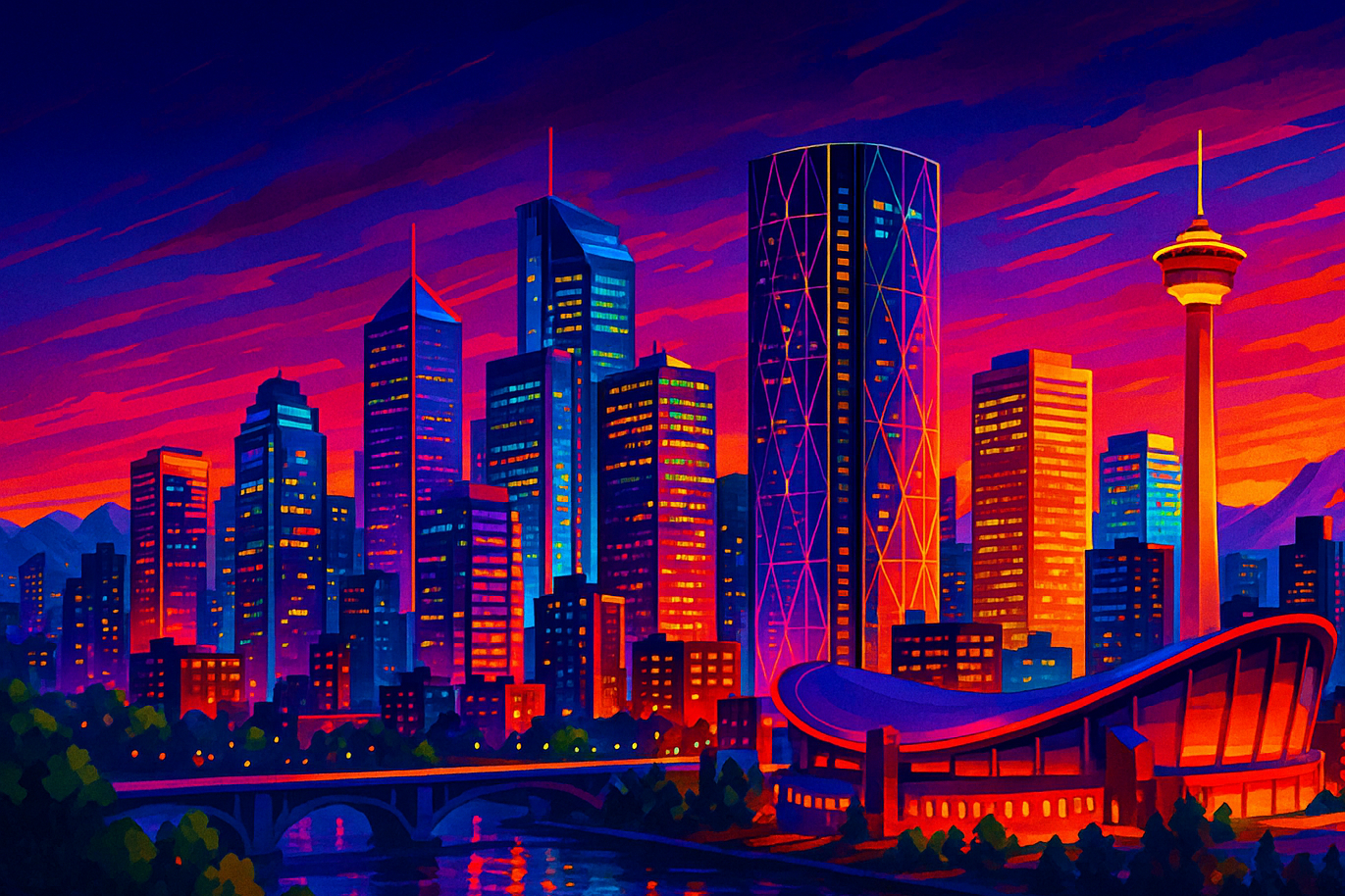 Colorful digital painting of a city skyline at sunset with tall skyscrapers, a tower with a spire, and a modern stadium with a curved roof, surrounded by a river and trees.