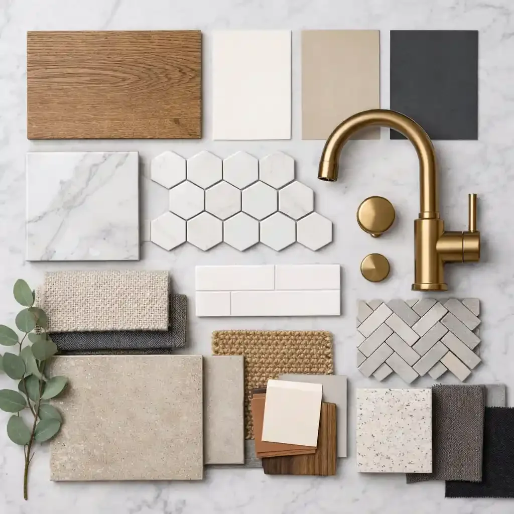 A selection of home interior design materials and fixtures, including wood, tiles, fabric swatches, a gold kitchen faucet, and sample paint colors arranged on a light surface.