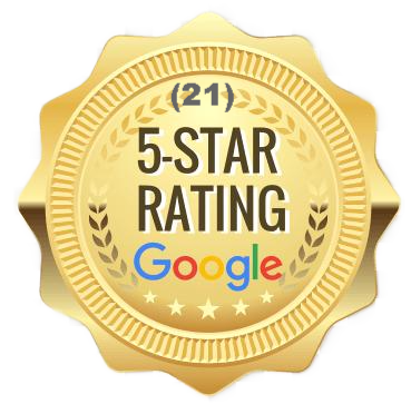 Gold badge with '5-Star Rating Google' and '21' in the center