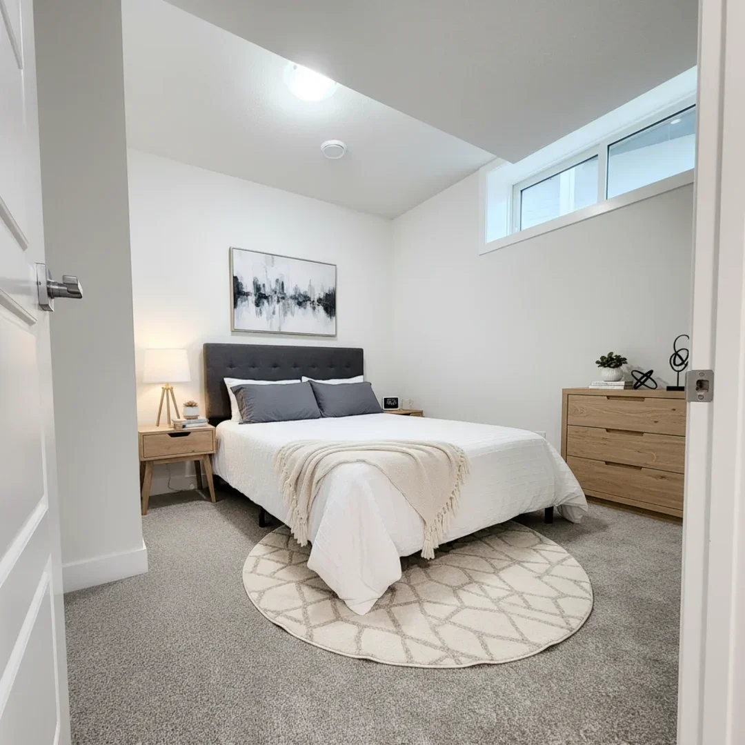 The second bedroom featuring a large window, dark grey upholstered headboard, and a minimalist modern dresser.
