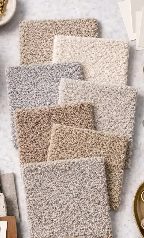 Multiple plush, textured area rugs in neutral shades of beige, gray, and cream are layered on a light-colored surface.