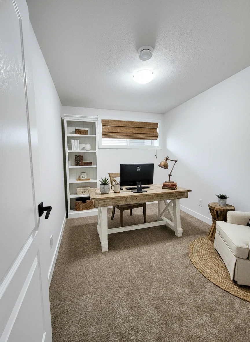  Modern farmhouse home office with rustic wood desk. Keywords: home office, rustic desk, farmhouse decor, interior design.