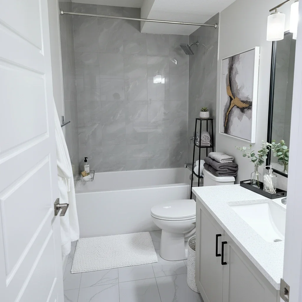 Modern white bathroom with grey marble-look tiles, white alcove tub, vanity with quartz countertop, black hardware, abstract art, and grey towels.