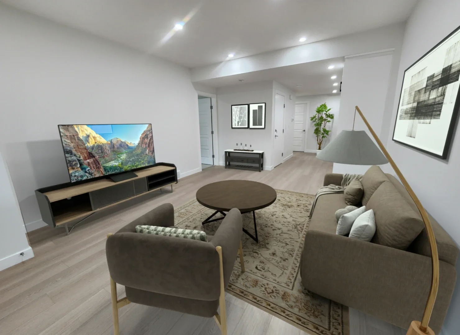 An alternative view of the living area showing the connection to the hallway and bedrooms, emphasizing the spacious open-concept layout.