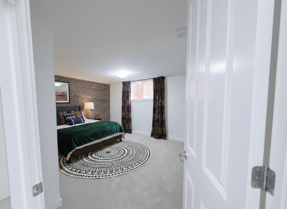 bedroom with brick accent wall, emerald green velvet bedding, and circular patterned rug, viewed through an open white door with warm light.