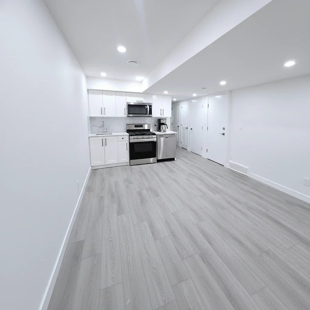 Modern basement apartment with white kitchen cabinets, stainless steel appliances, and grey wood-look laminate flooring.