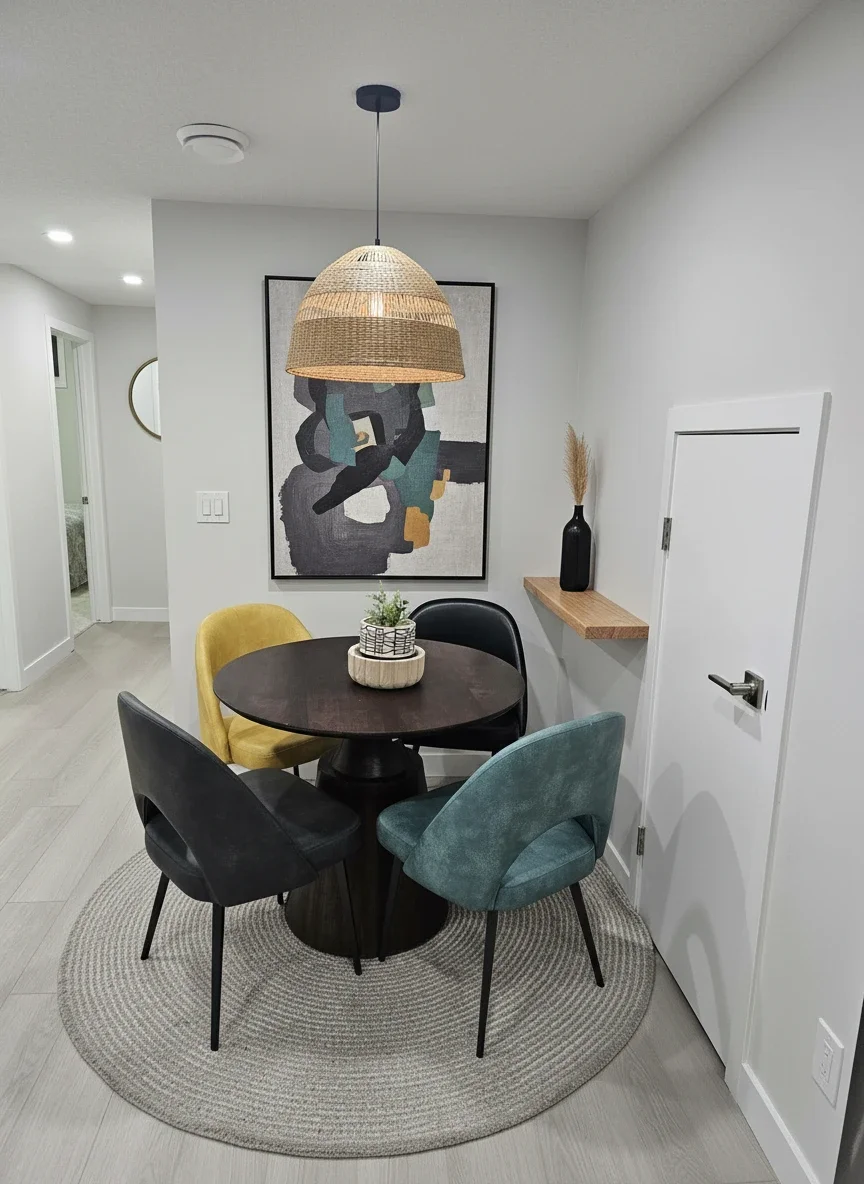 Modern dining nook featuring round wood table, mustard and teal velvet chairs, woven rattan pendant light, abstract art, and round braided grey rug.