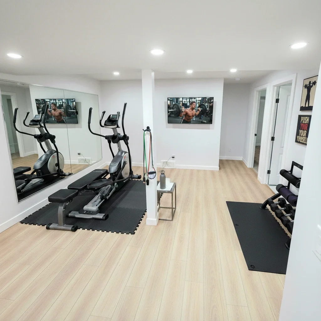 Modern home gym interior with elliptical trainer, weight bench, dumbbells, and wall-mounted TV on light wood flooring.
