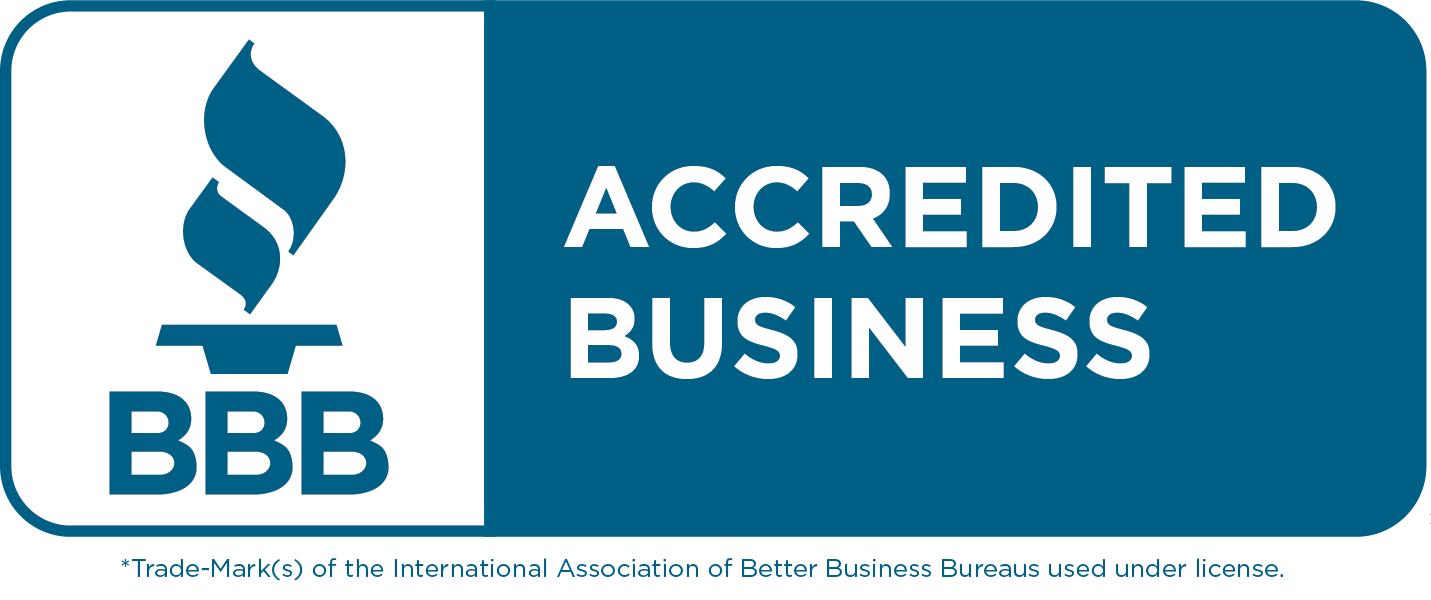 BBB Accredited Business logo with blue background, white text, and a torch symbol.