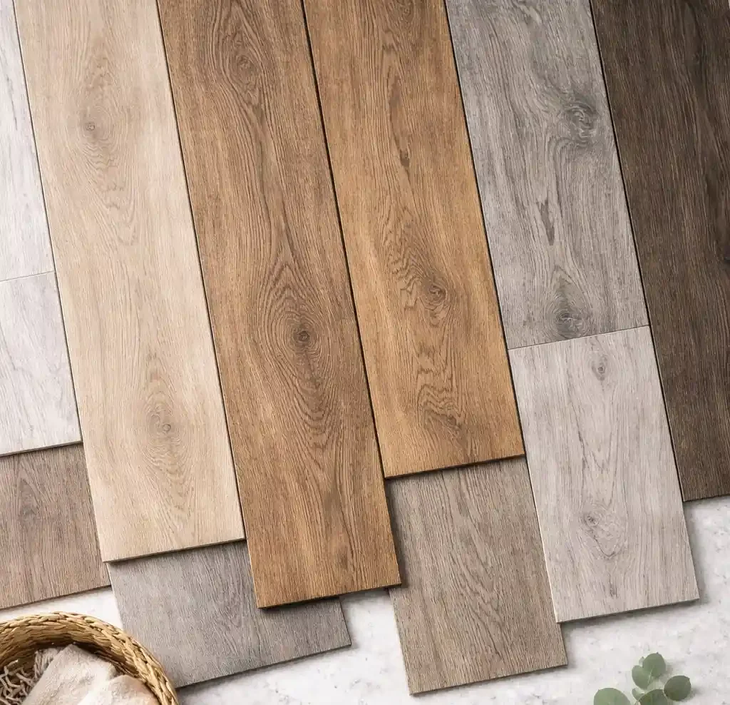 Samples of wooden flooring in various shades from light to dark, arranged on a floor with a small basket and greenery in the corner.