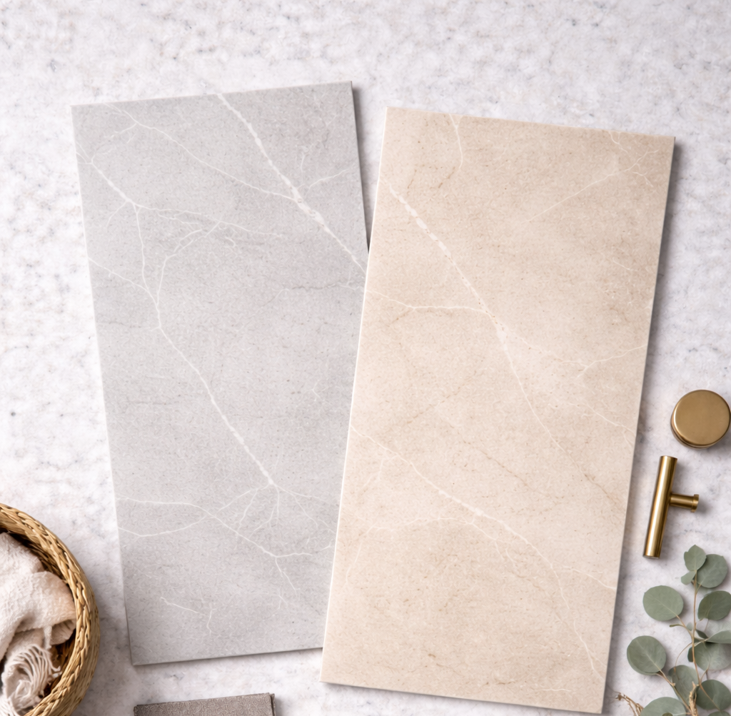 Compare two 12x24 porcelain tile tones in one image, arranged like a professional design selection board for modern interiors and bathrooms.