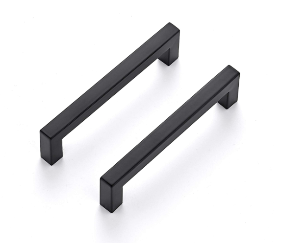 Sleek matte black cabinet handles with a modern square bar design, shown on a white background.