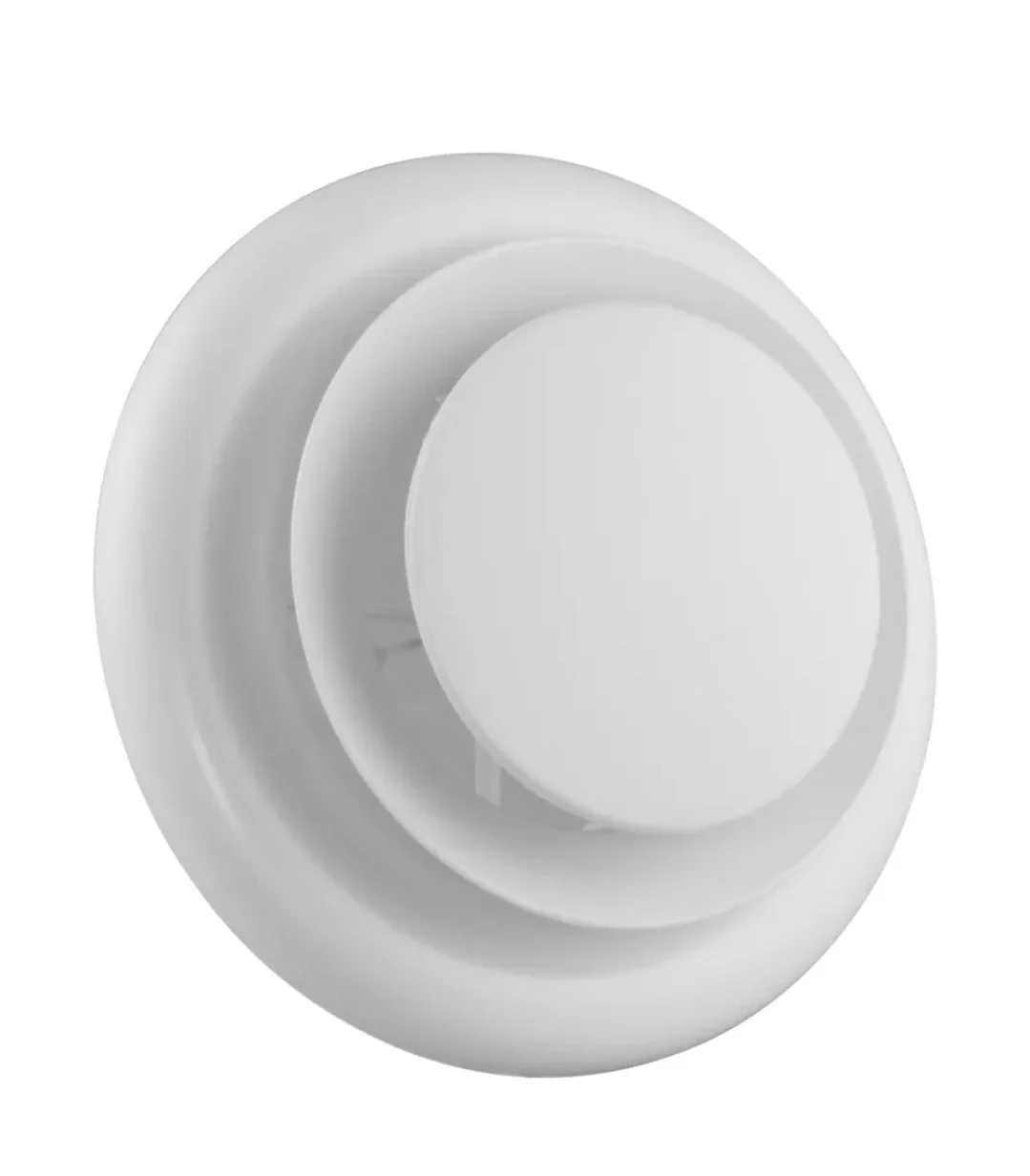 Circular white plastic air vent diffuser featuring tiered concentric rings and a matte finish. Modern HVAC supply and exhaust valve for ceilings.