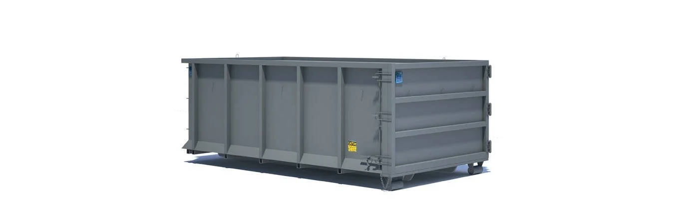 Matte slate gray roll-off dumpster waste container with vertical steel ribs and heavy-duty casters, isolated on a bright white background.