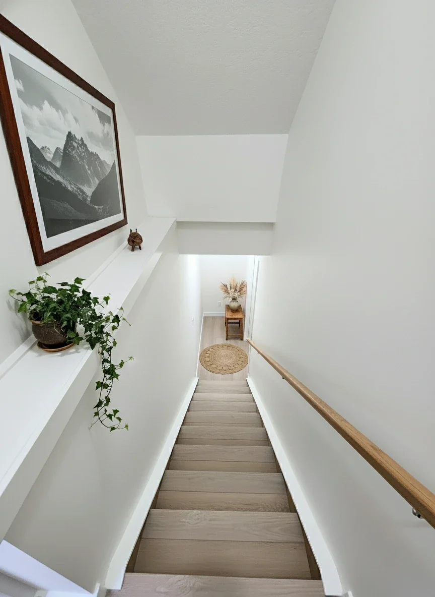 View of a staircase leading down to a small hallway with a small table and decorative items, white walls, and minimal decor.