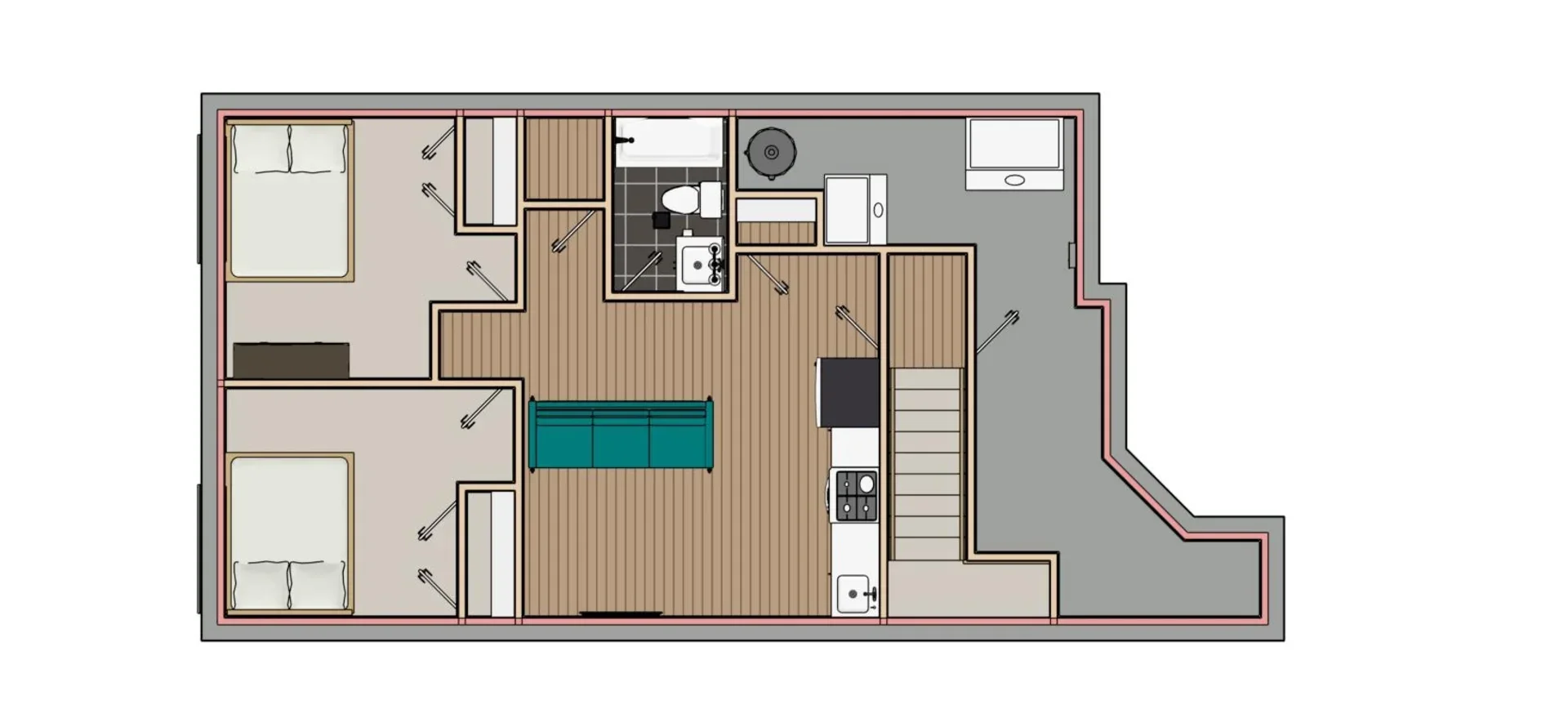 A detailed 2D architectural floor plan showing a two-bedroom, one-bathroom basement suite with an open-concept living area and kitchen.