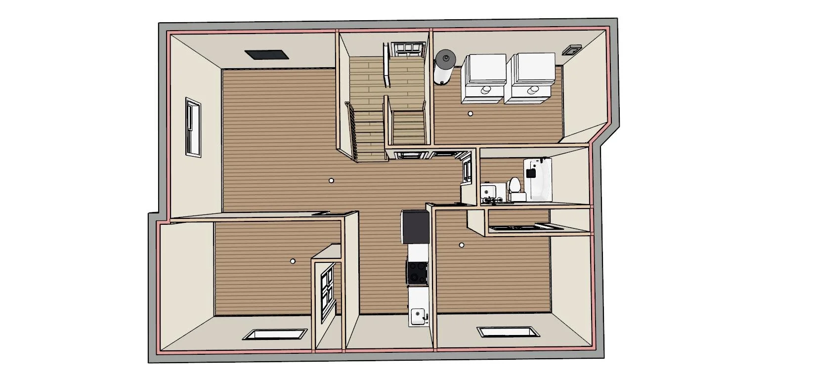 3D architectural floor plan featuring wood-textured flooring, cream walls, kitchen, laundry, bathroom, and bedrooms in a modern residential layout.