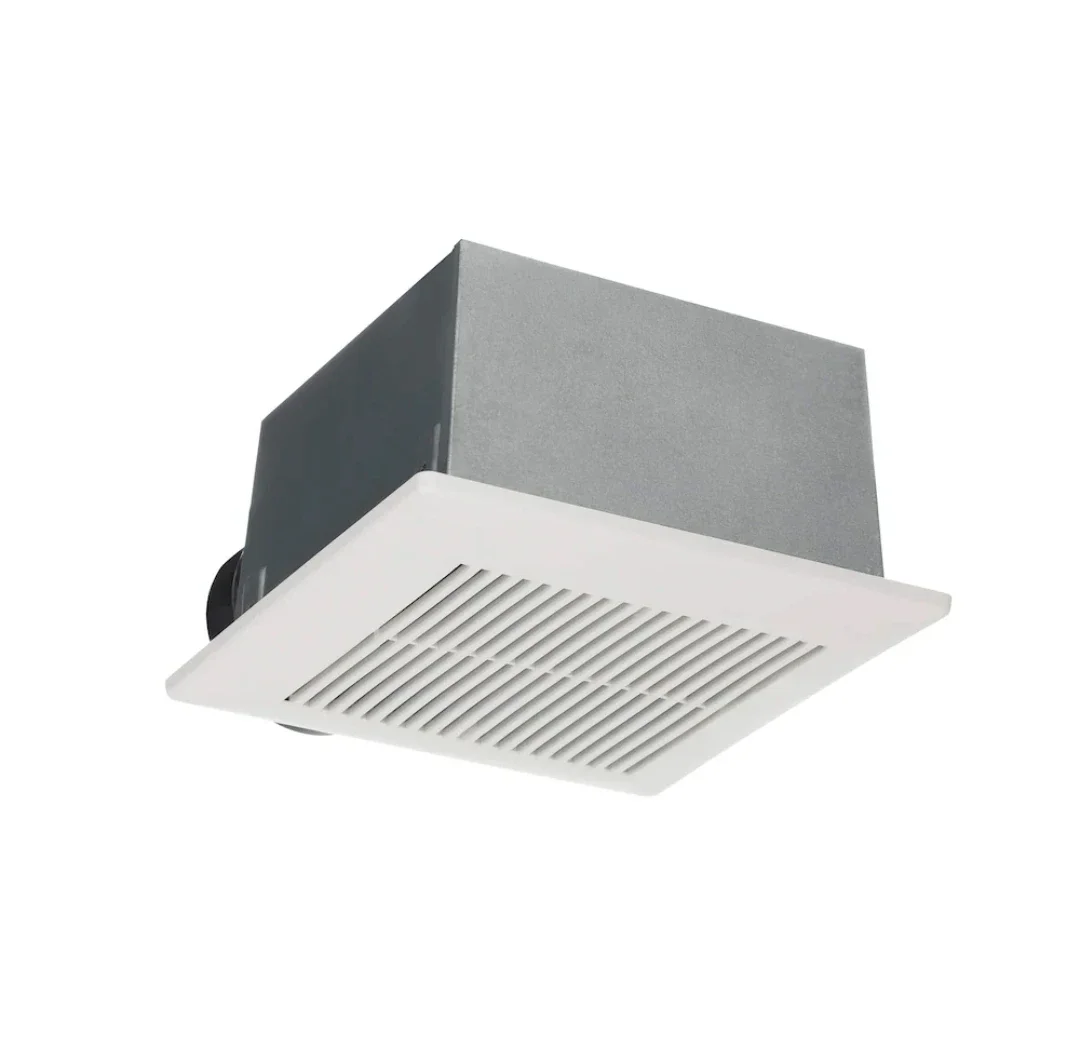 Modern white square bathroom ventilation fan with louvered plastic grille, galvanized steel housing, and black circular duct connector.