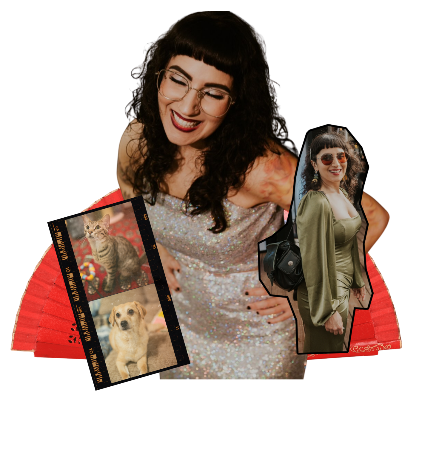 A woman with curly black hair, glasses, and red lipstick, smiling and dressed in a sparkly dress, is standing with her hands on her hips. She is surrounded by cutout images of a woman in an olive green dress with sunglasses, a photo strip of a kitten and a puppy, and a red fan.