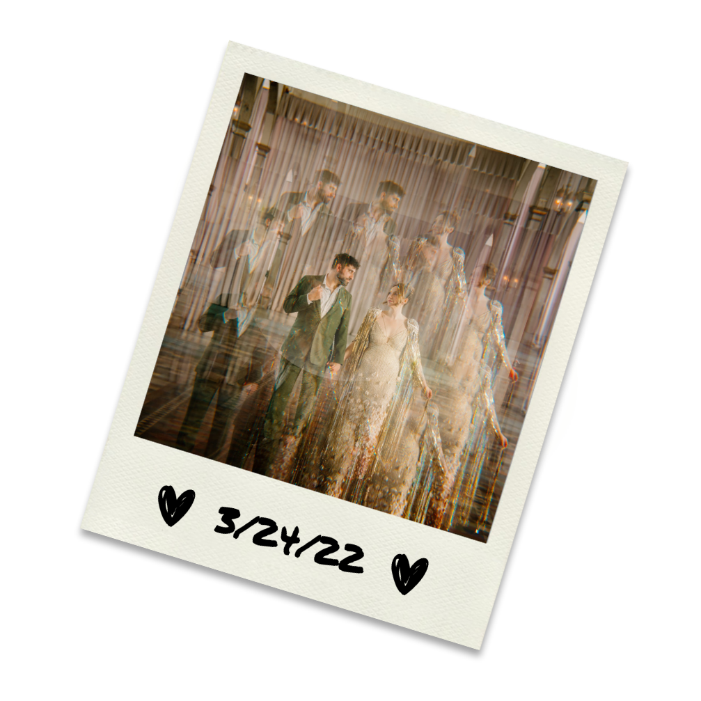 A wedding dance photo with a couple holding hands in the center, surrounded by multiple blurry, overlapping images of them and their guests, with the date 3/24/22 written at the bottom.