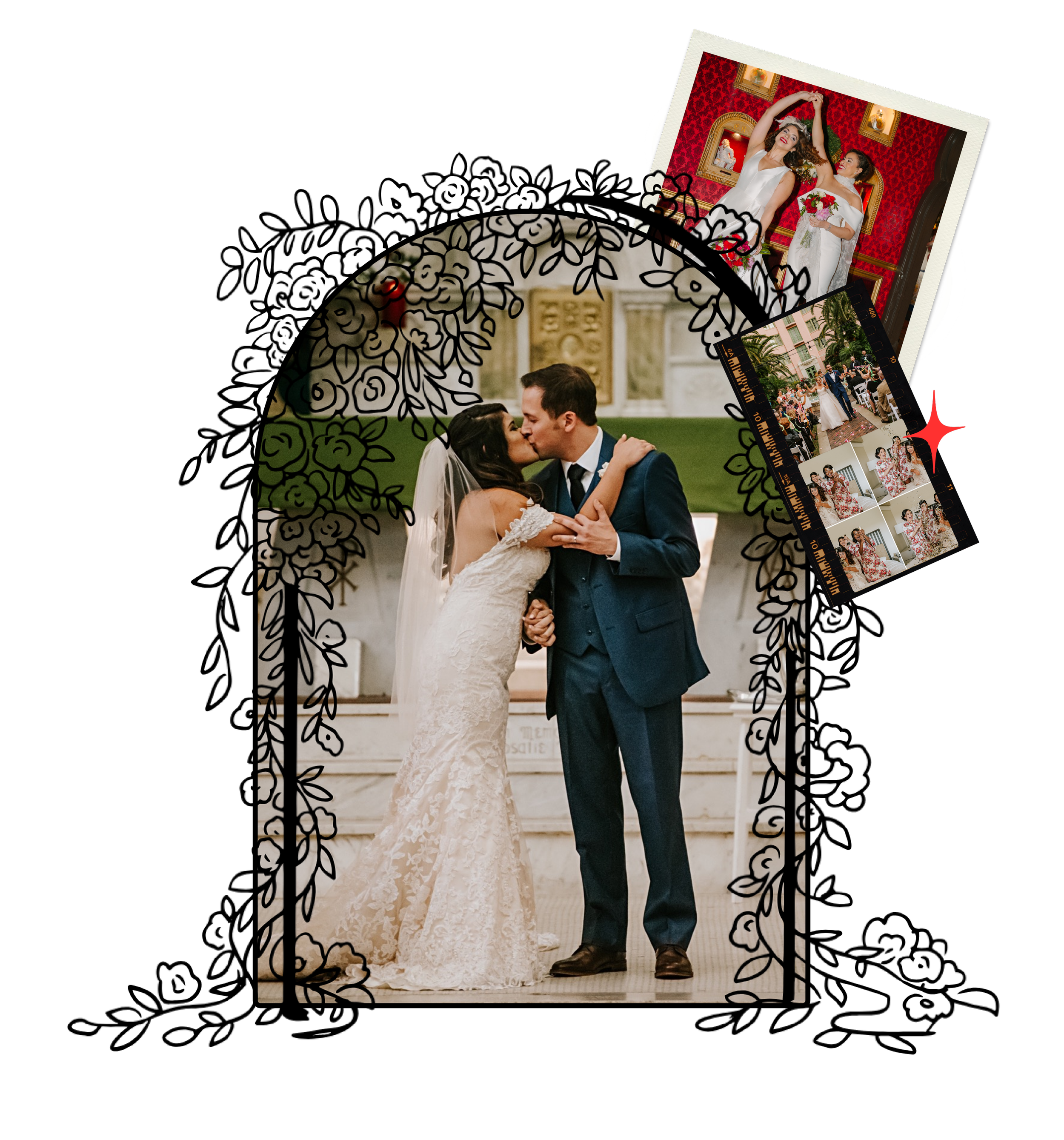 Wedding photo collage with a couple kissing under an arch, with smaller images of their wedding ceremony, reception, and wedding party.