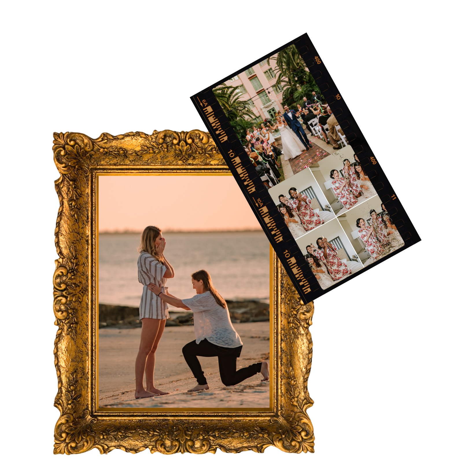 A gold ornate picture frame containing a photograph of two women on a beach at sunset, one kneeling and proposing to the other, who is surprised and covering her mouth with her hand. Overlaid is a photo strip from a wedding, showing a bride and groom dancing and photos of women in floral dresses posing together.