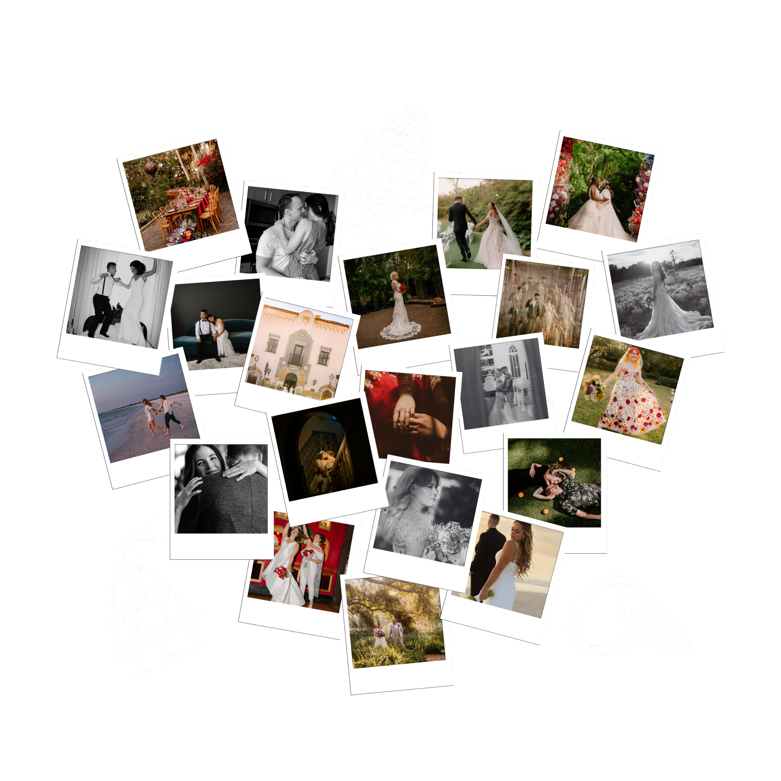 Collage of wedding photos arranged in a heart shape, with doodles of a wedding cake, rings, and a cake stand on a black background.