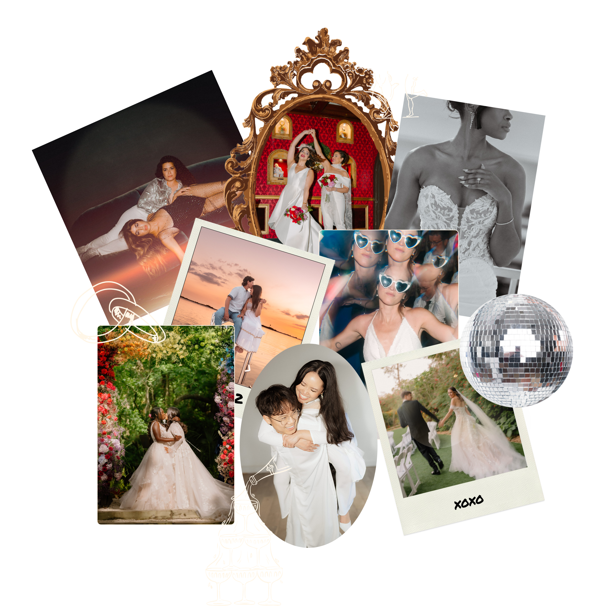 Collage of wedding photos, including brides in dresses, couples at sunset, and a bride with guests, with a mirror, disco ball, and decorative elements.