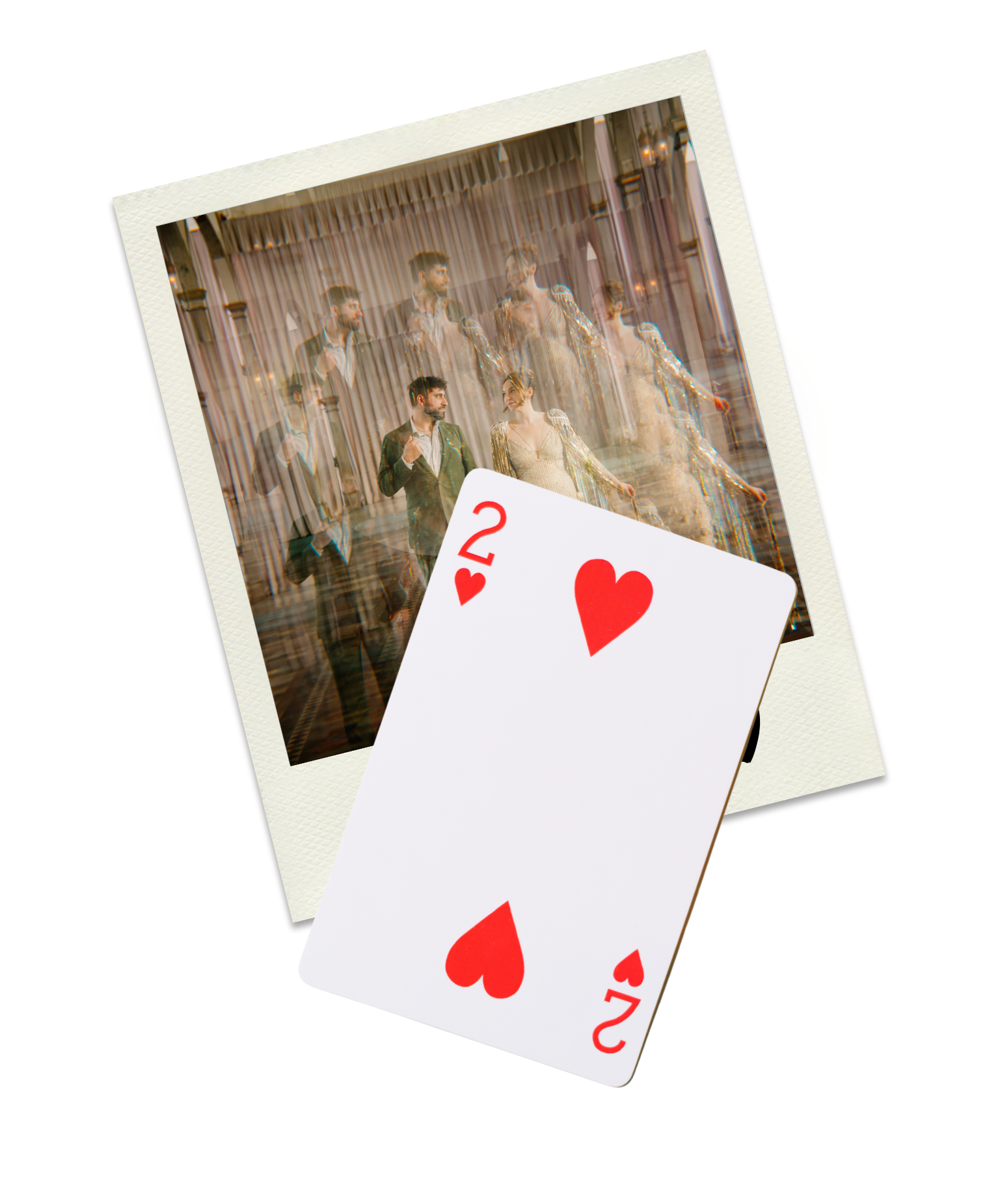A photo of a couple walking in a luxurious ballroom with golden curtains and chandeliers, captured with a slow shutter effect. In front of the photo is a playing card, the 2 of hearts.