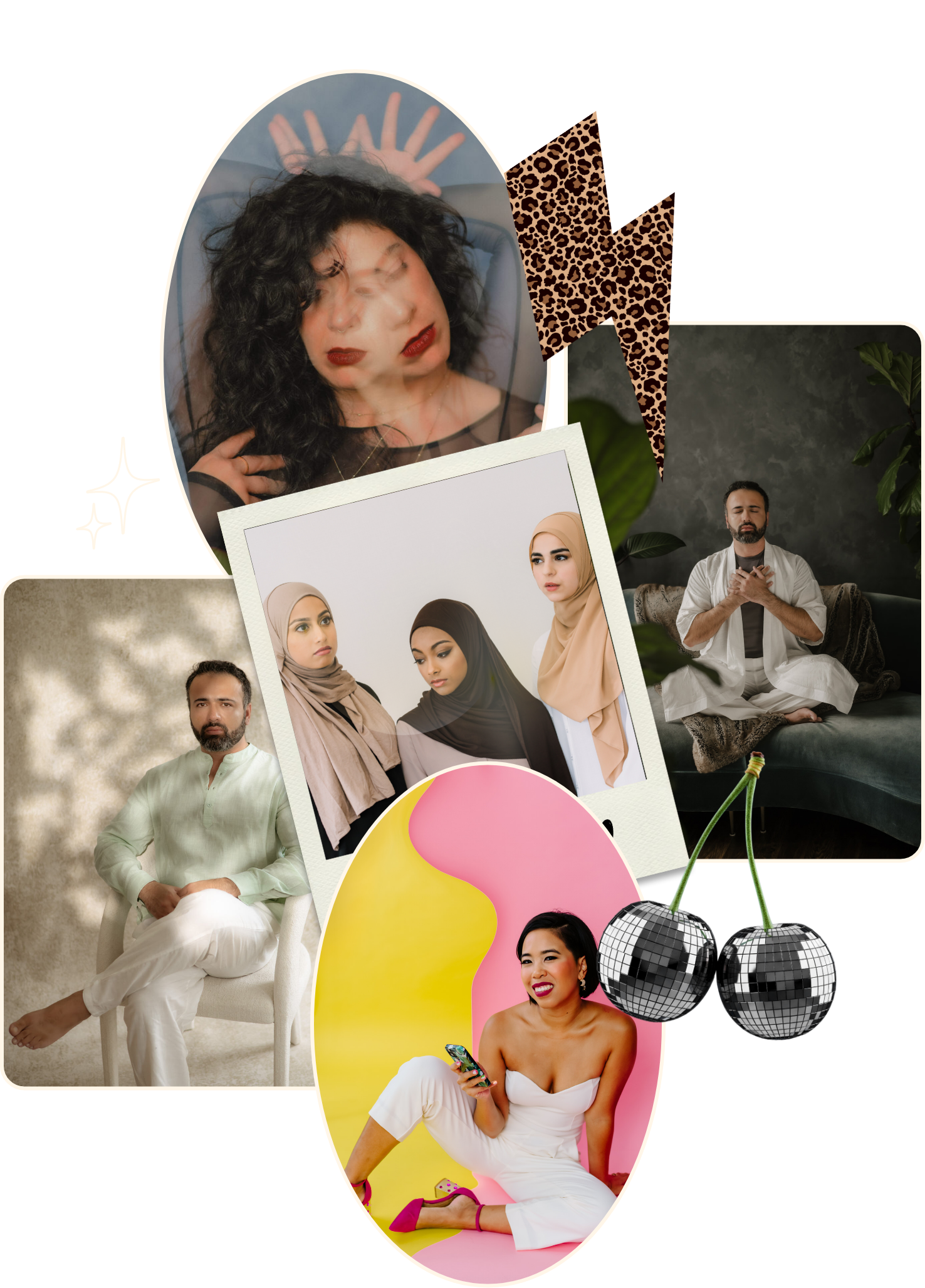 Collage of various portraits, including a woman with curly hair and red lipstick, a group of three women wearing hijabs, a man with a beard sitting in a white chair, a man meditating in a dark room, a woman smiling and holding a phone with disco balls, and a woman with short hair and bright makeup against a colorful background.