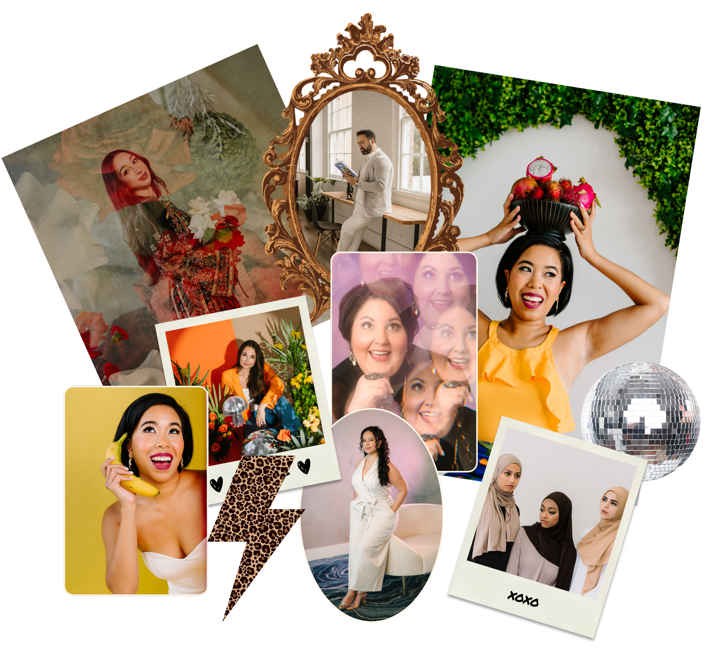 Collage of various women in different settings and poses, including a woman holding a banana to her ear, a woman with a fruit bowl on her head, a group of women smiling and talking, a woman sitting in a polaroid frame, and a man reading in a window. There is a mirror, a disco ball, and artistic backgrounds among the images.