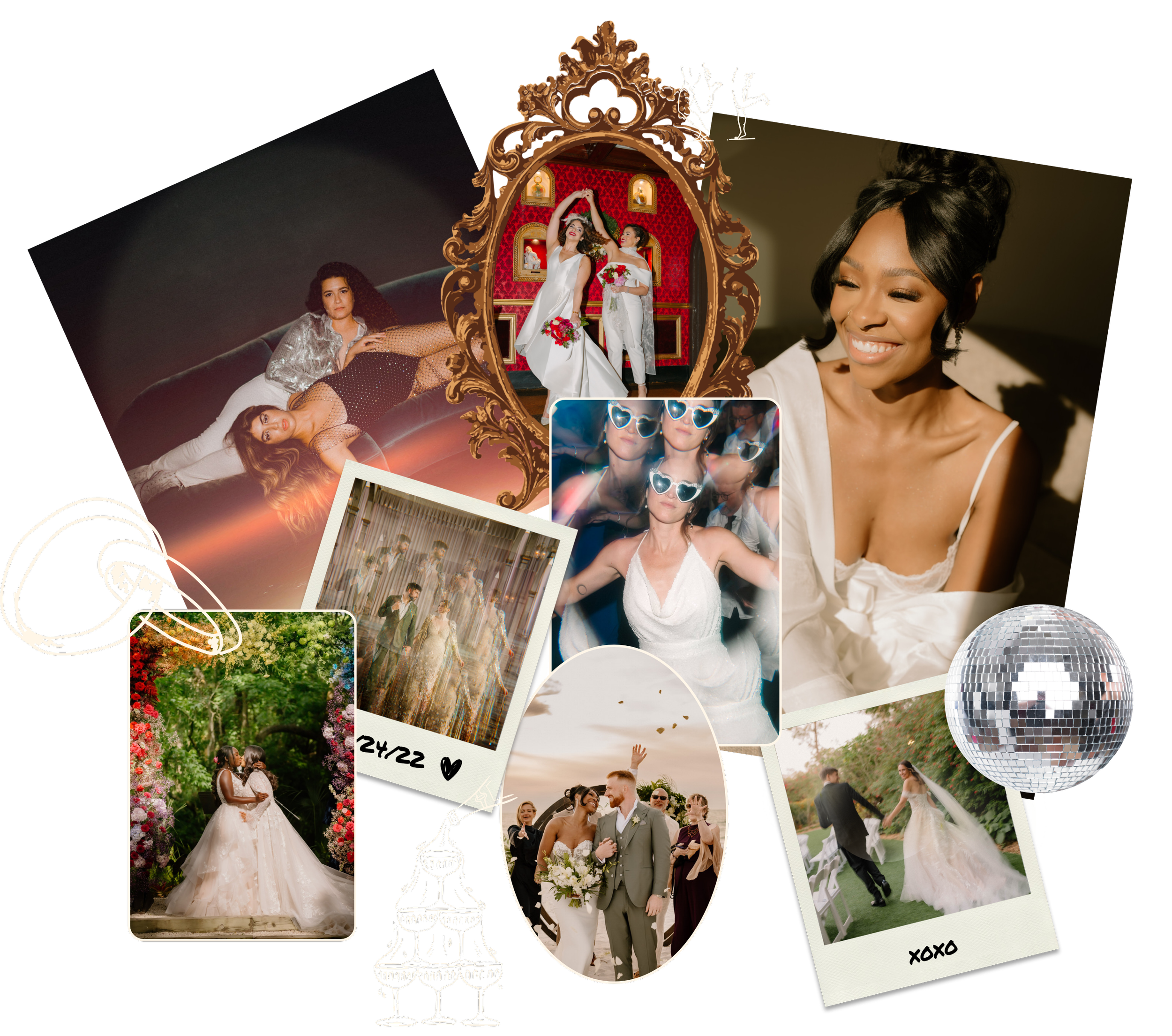 Collection of wedding photos, including the bride and groom, bridesmaids, and guests, with decorative elements like a mirror, disco ball, and champagne tower.