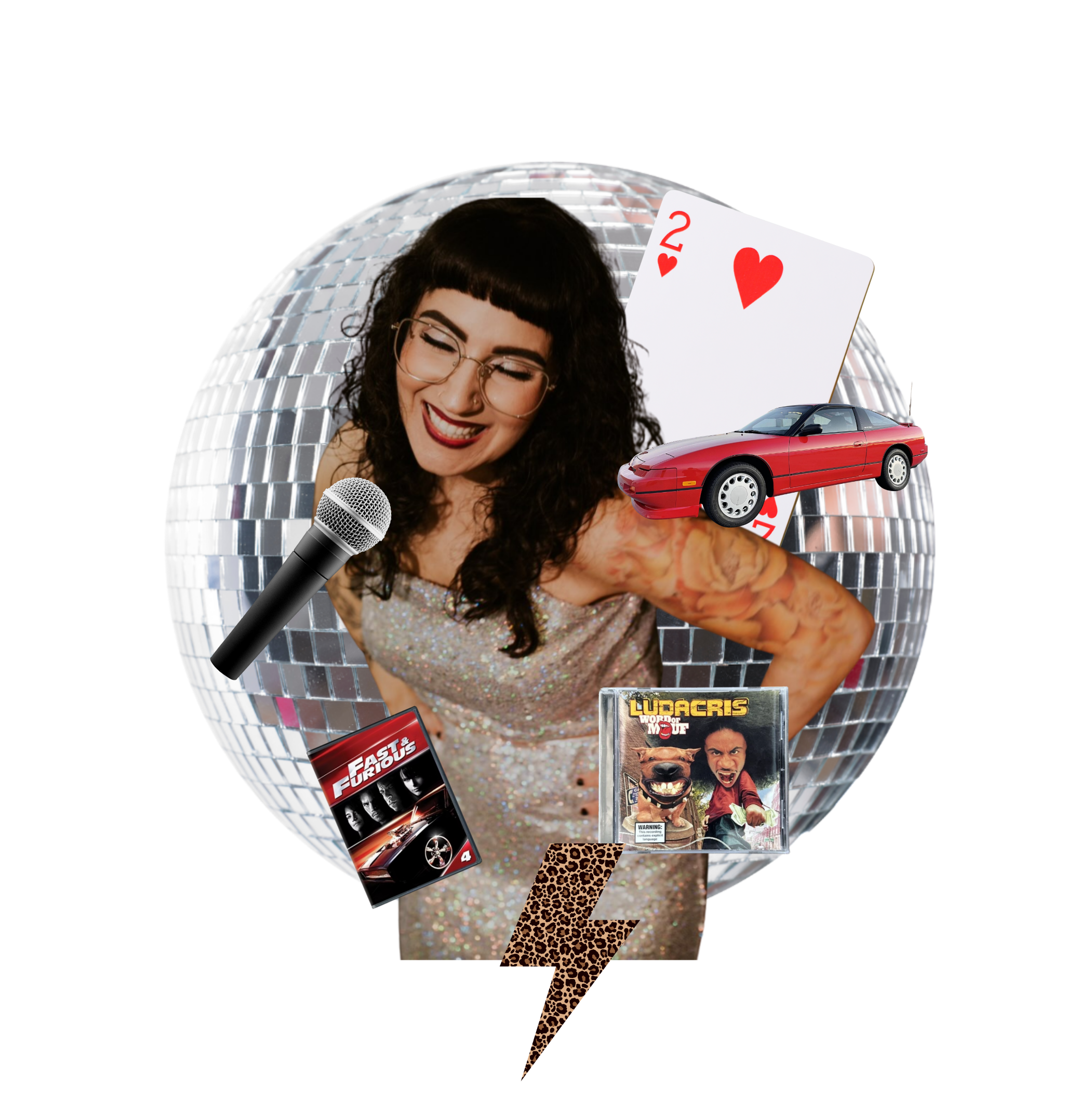 A woman with curly black hair, glasses, and a sequined top, smiling and holding a microphone. Surrounding her are a disco ball background, a playing card (2 of hearts), a red car, two DVD cases, and a leopard print 'Z' shape.