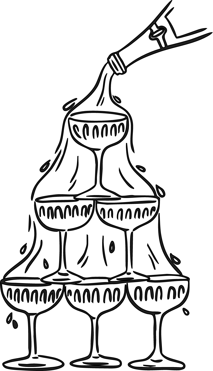 Outline drawing of a fountain made of stacked champagne glasses with liquid pouring into the top glass.