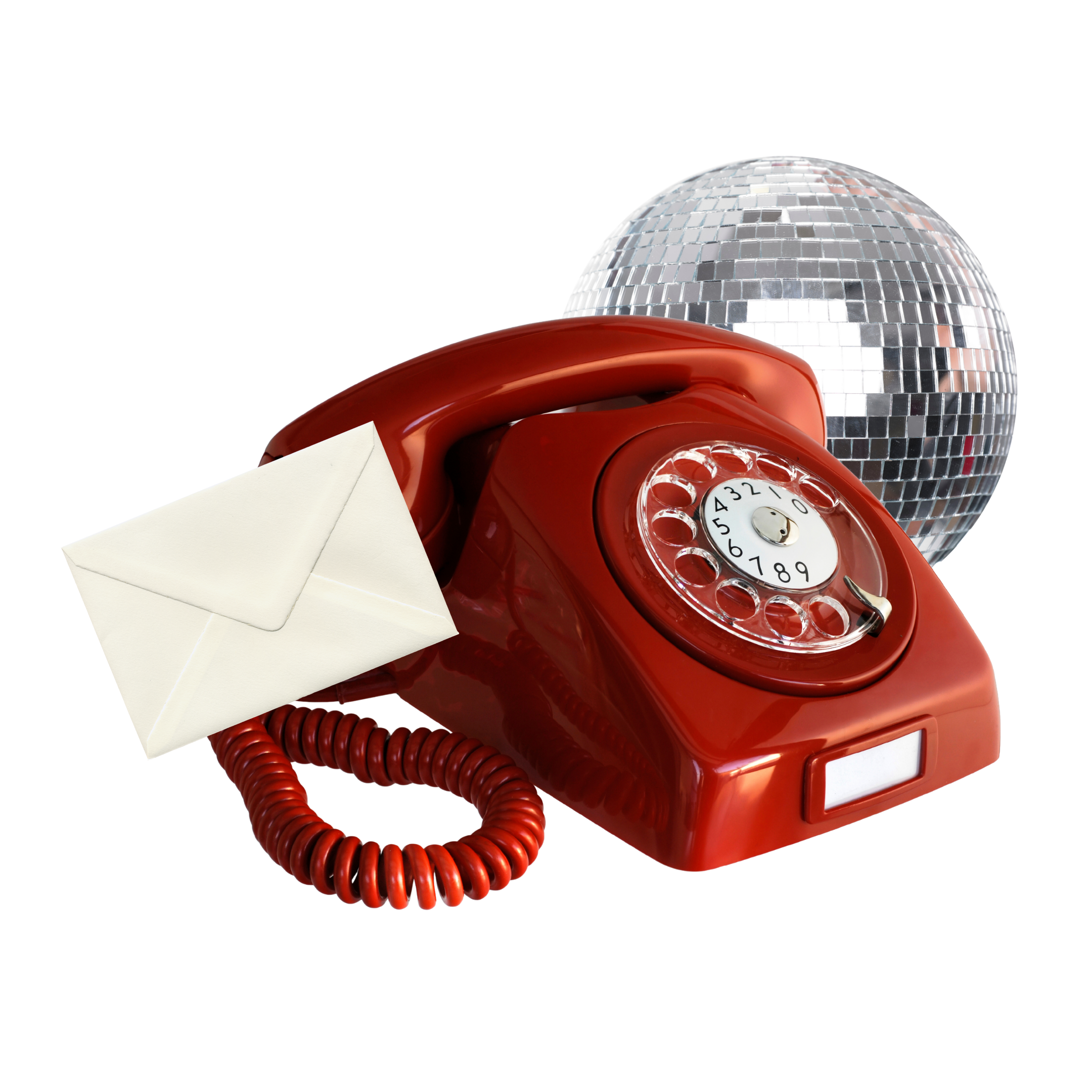 A red rotary dial phone with a white envelope attached, placed in front of a shiny disco ball.