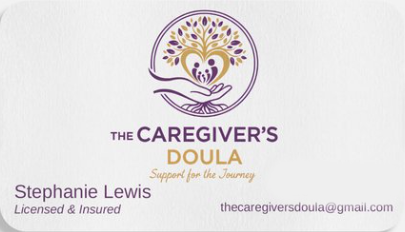 Business card for The Caregiver's Doula featuring a purple and gold logo of a tree with two hearts at its center, and contact information for Stephanie Lewis.