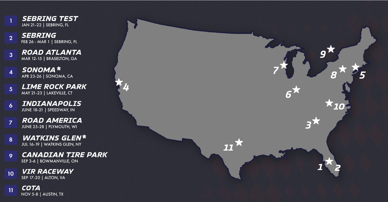 Map of the United States with marked locations and dates for a series of events, including race tracks and locations such as Sebring, Atlanta, Sonoma, Lime Rock Park, Indianapolis, Road America, Watkins Glen, Canadian Tire Park, VIR Raceway, and COTA.