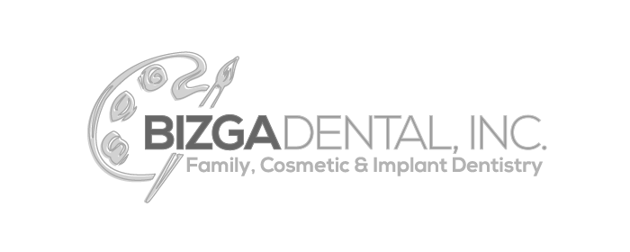 Logo for BizG Dental, Inc., a dental practice specializing in family, cosmetic, and implant dentistry, featuring a stylized tooth and dental tools.