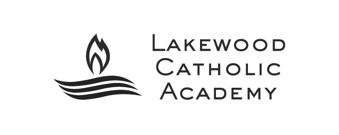 Logo of Lakewood Catholic Academy with a stylized flame and waves design.