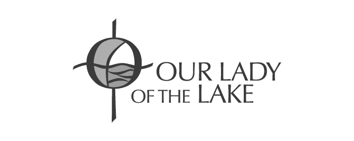 Logo for Our Lady of the Lake with a stylized lake and cross design